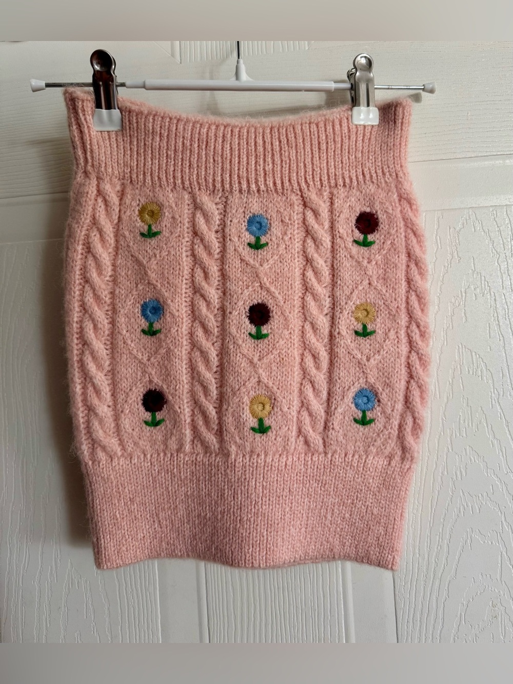 Zara Pink Cable Knit Embroidered Flower Tube Top Strapless Size M